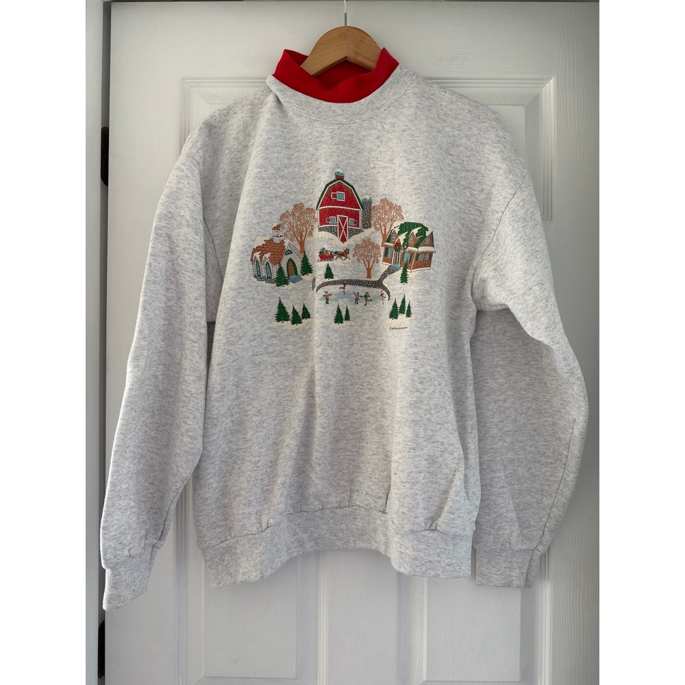 VTG 90s Festive Winter Novelty Crewneck Cottage Grannycore Holiday Ice Skating